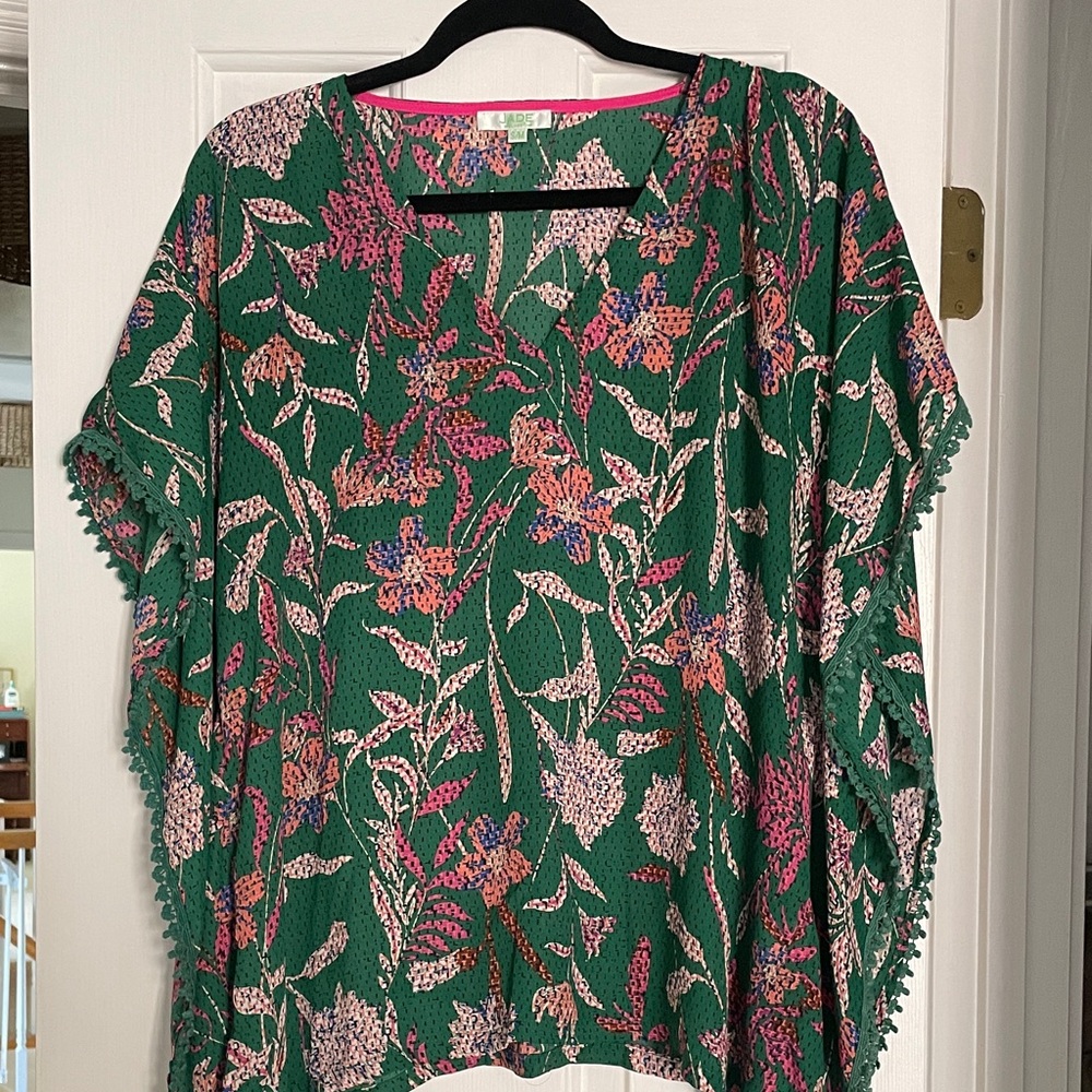 Jade Green Floral Blouse with Pink and Purple Details